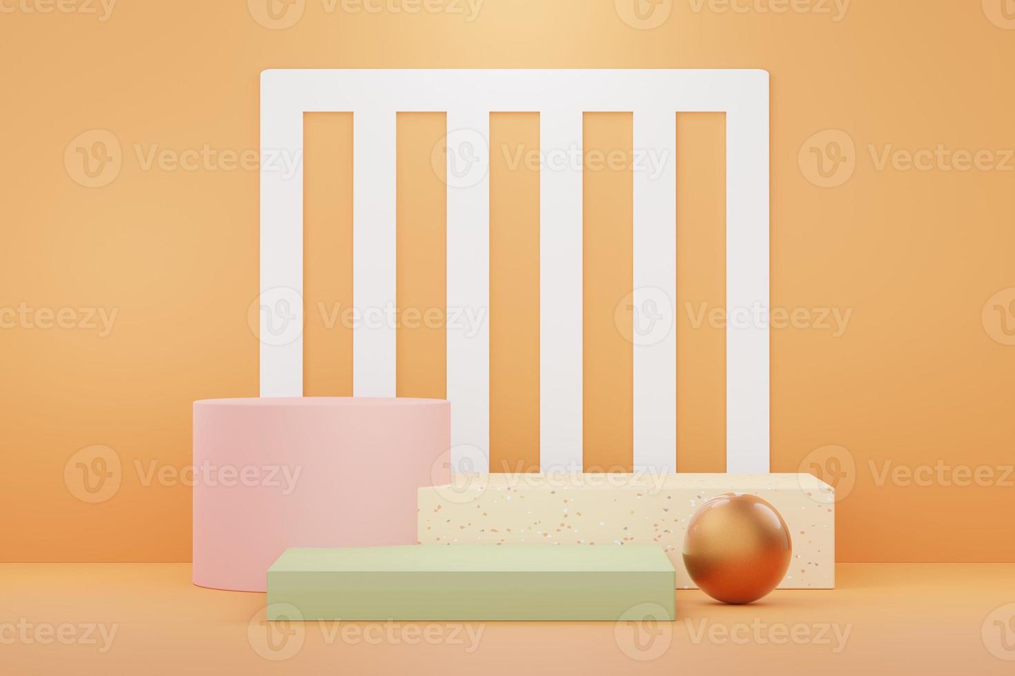 3d render of abstract pedestal podium display with terrazzo chips floor design. Scene for present product promotion and beauty cosmetics. photo