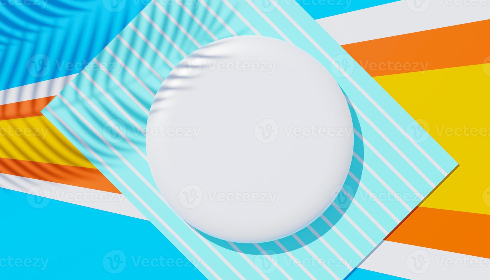 3d render top view of white blank cylinder frame for mock up and display products with shadows of palm leaves, earth tone, and pastel wall background. Creative idea concept. Widow shadow. photo