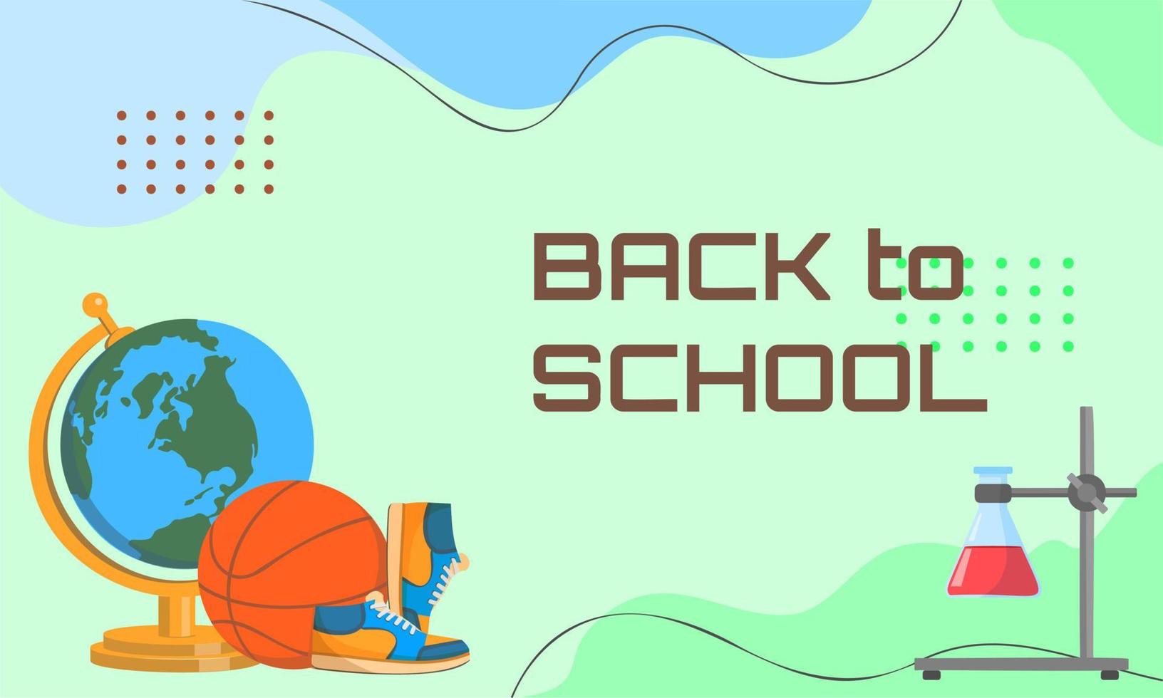 Horizontal banner Welcome to school, back to school. Bright banner with globe, chemistry flask and basketball, vector illustration.