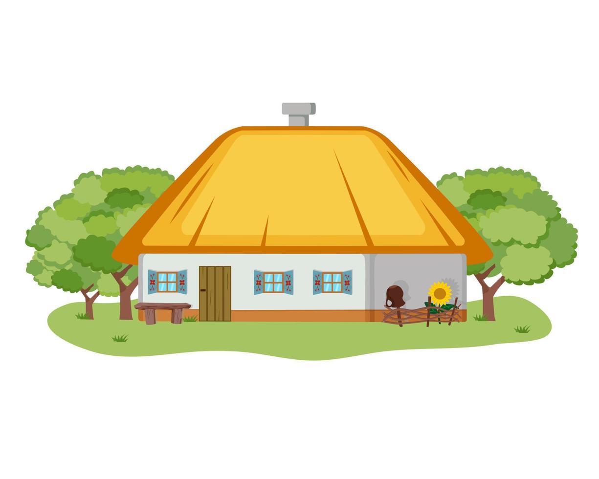 The Ukrainian national dwelling is the hata. Painted house in the old national style, among the garden trees with a bench and a tint, on which are placed the glechik and sunflower. vector