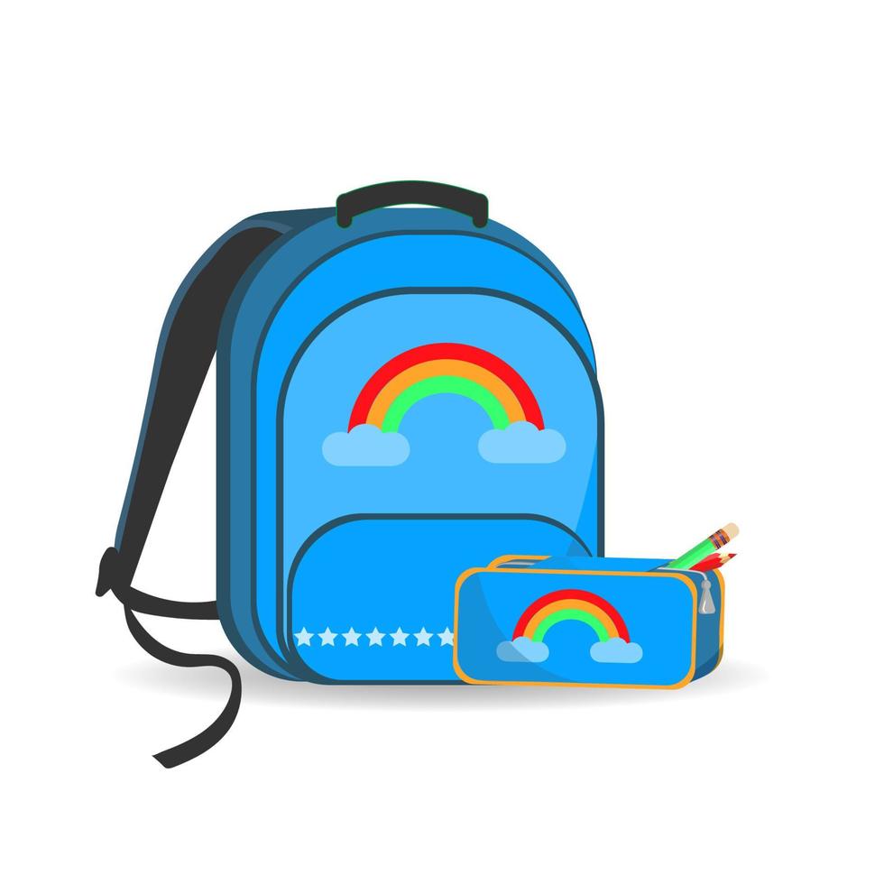 mochila escolar con estuche para lápices. mochila escolar azul con estuche y papelería. imagen vectorial para volantes, fondos, portadas, adhesivos y diseño de sitios web y páginas. vector