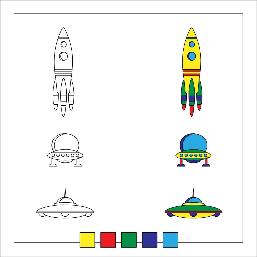 libro para colorear para niños con muestras de color e imágenes de ejemplo. libro infantil, coloración, dibujo, aprendizaje y educación preescolar. vector
