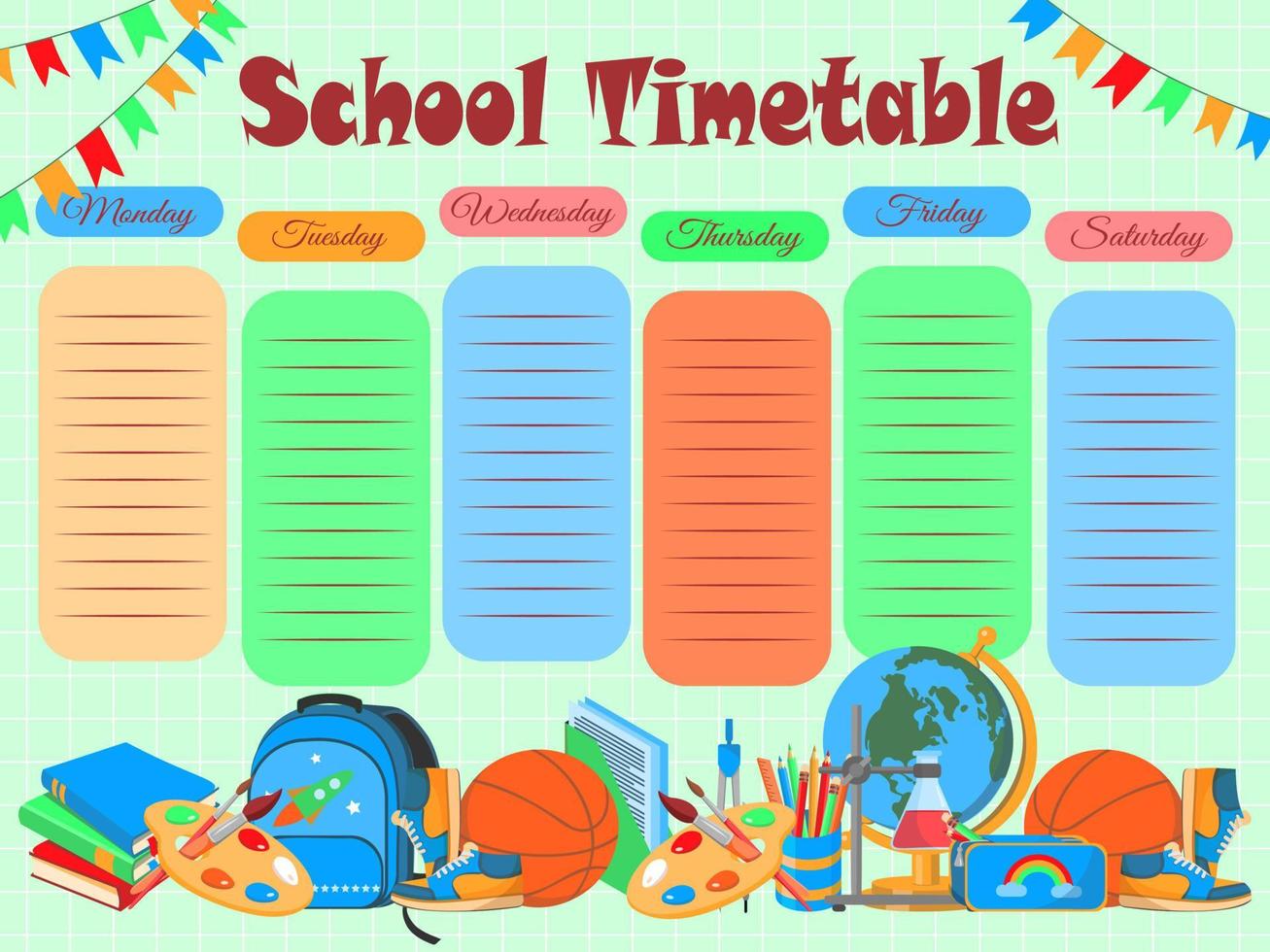 horario escolar, plantilla de horario de clases semanales. horario escolar vectorial, útiles escolares y artículos de estudio, baloncesto, libros y lápices. vector