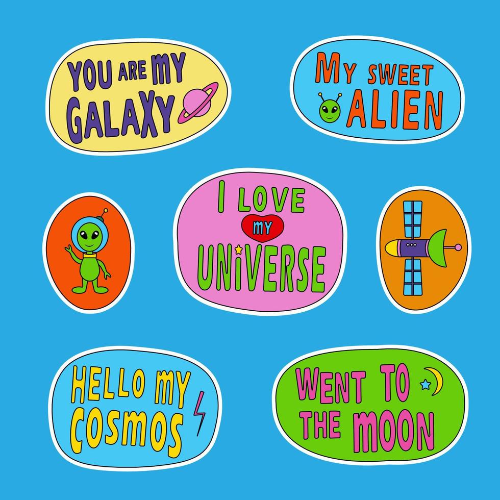 Set of space stickers. Fun inscriptions about space, the universe, and the galaxy. Sticker, picture, flyer, bookmark, background, poster. vector