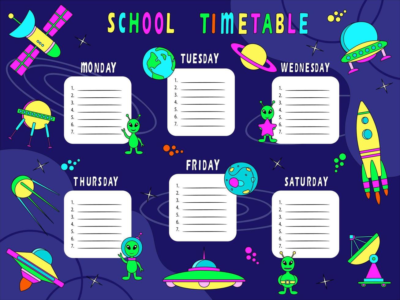 School schedule template with cartoon rockets, satellites, aliens.  School timetable with space background. Vector illustration. Without people.