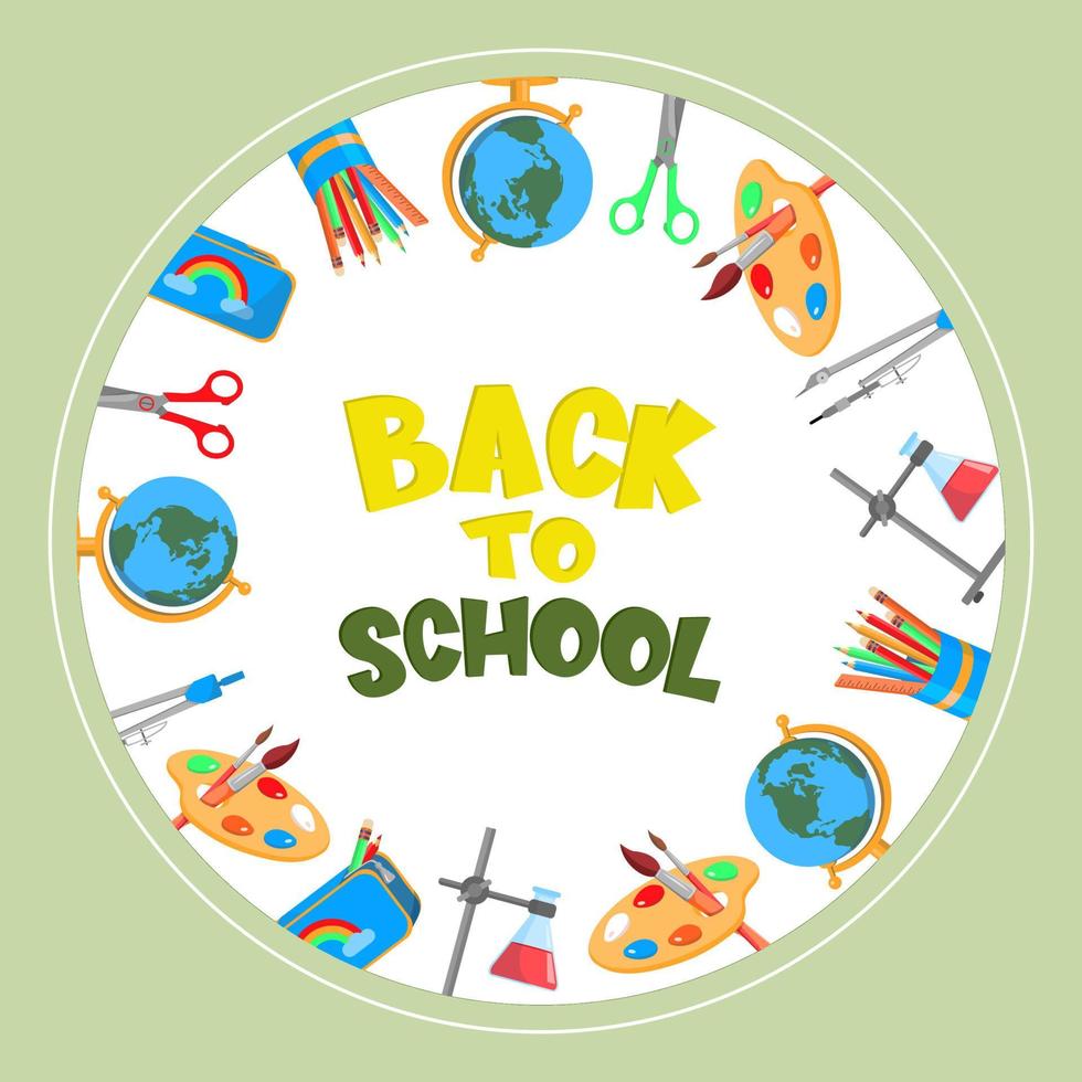 Poster Back to School in pastel colors with school subjects. vector