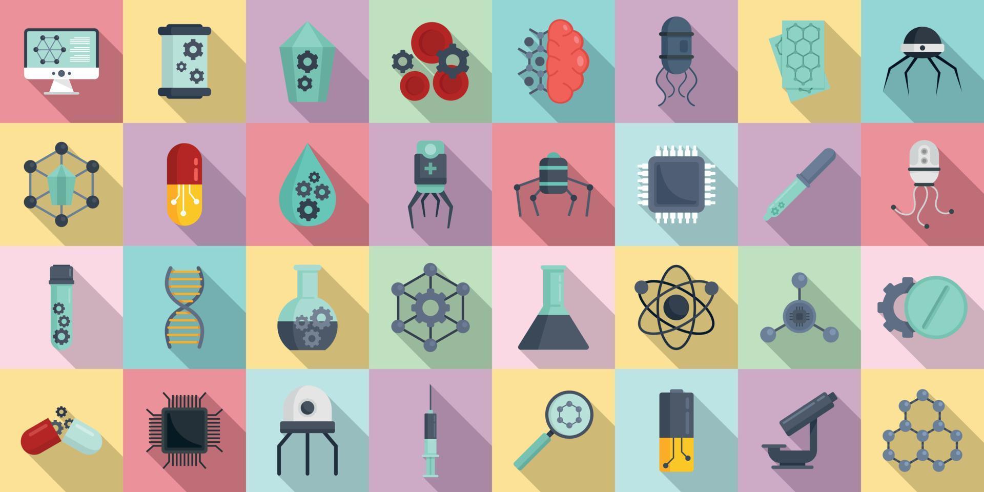 Nanotechnology icons set, flat style vector