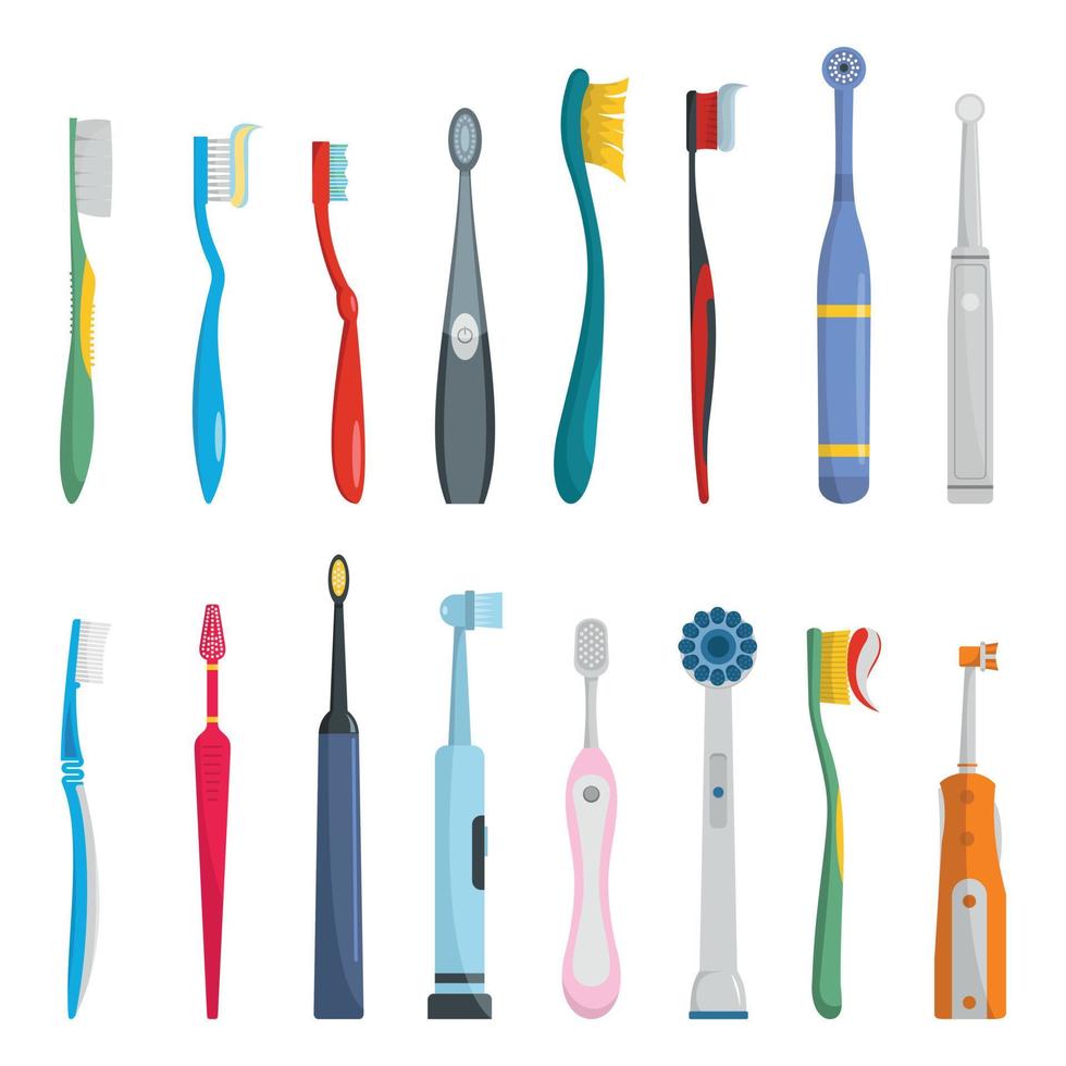 Conjunto de iconos dentales cepillo de dientes, estilo plano vector