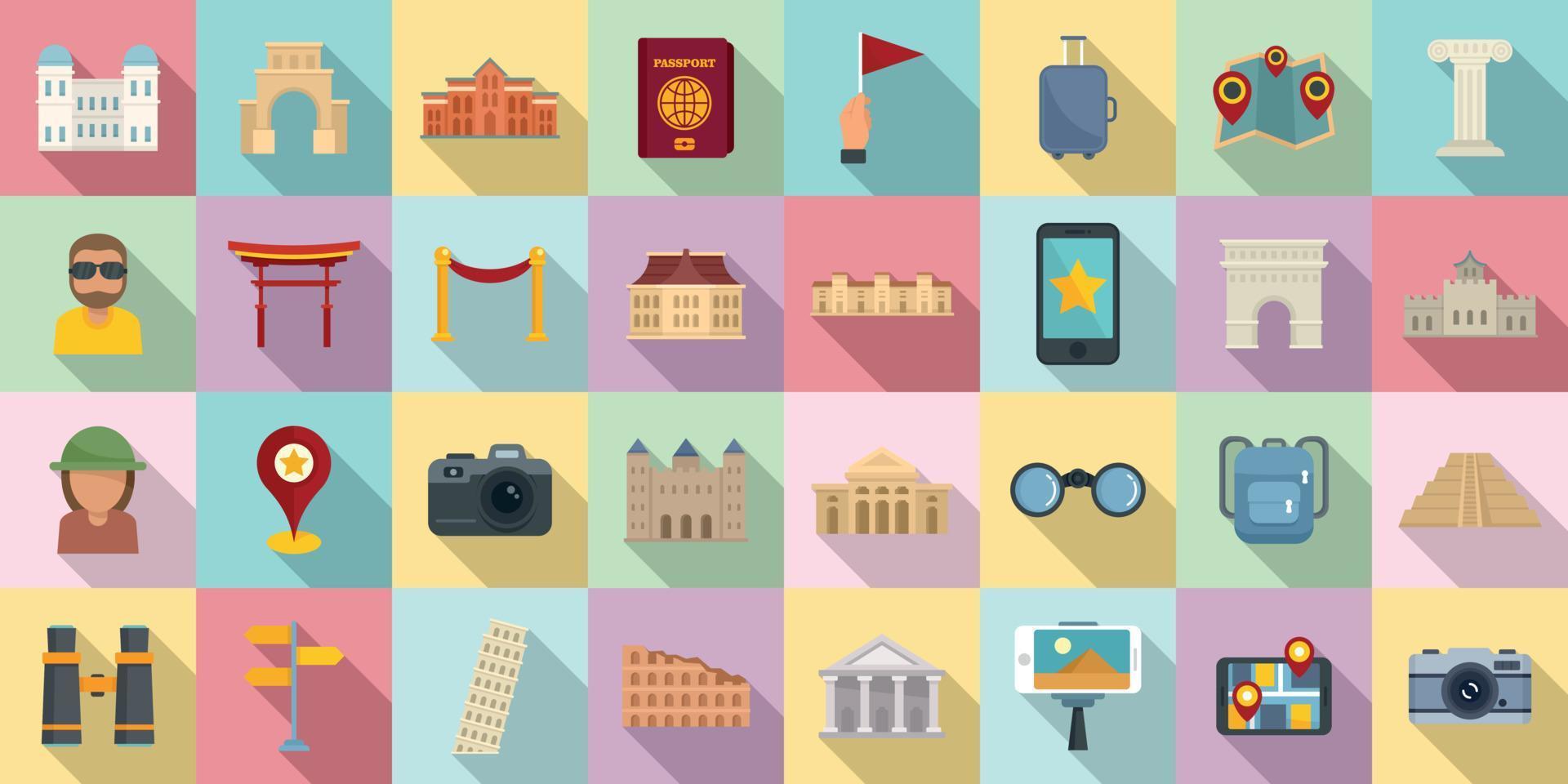 conjunto de iconos de turismo, estilo plano vector