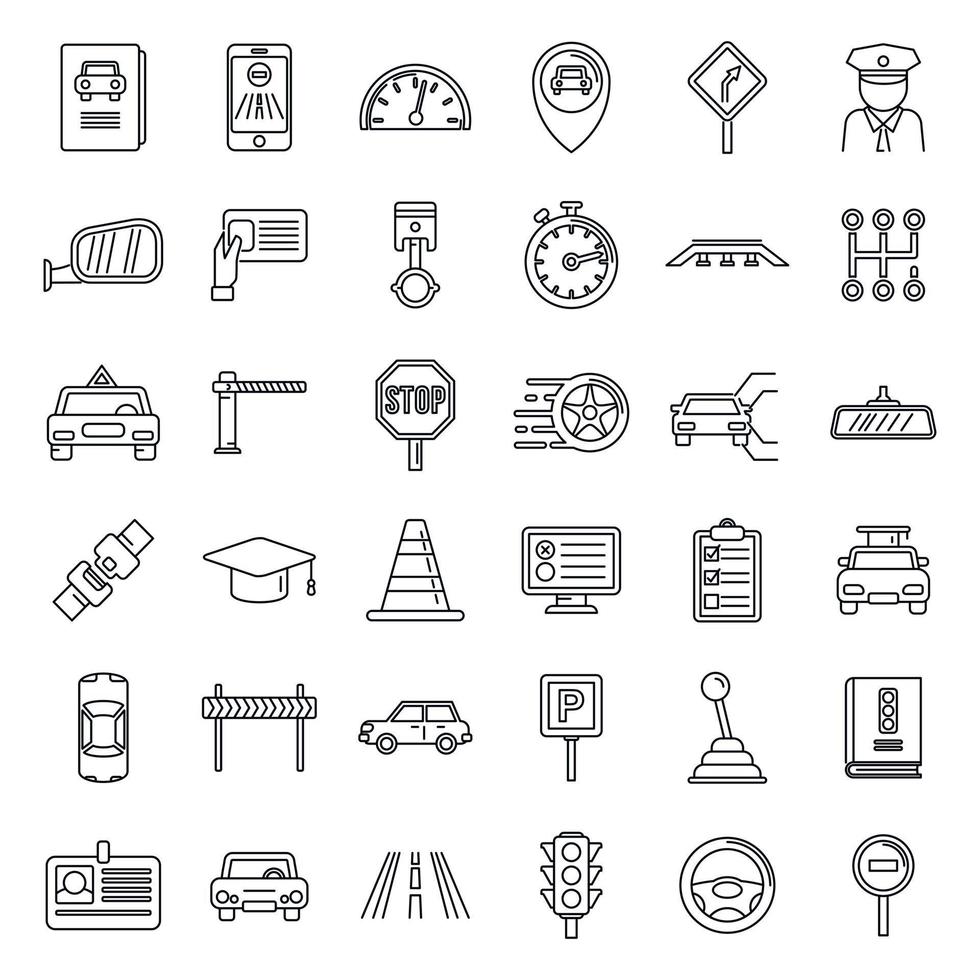 conjunto de iconos de escuela de conducción automática, estilo de esquema vector