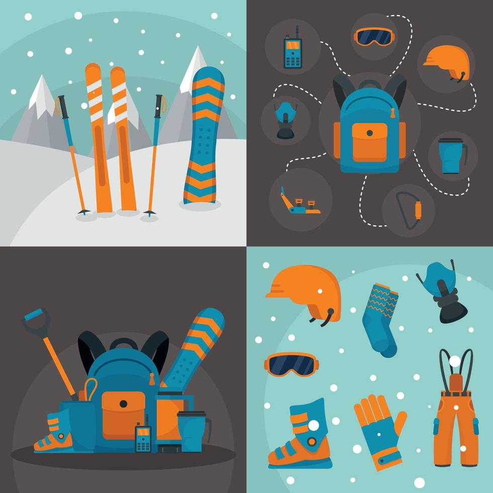 Snowboarding kit banner concept set, flat style vector