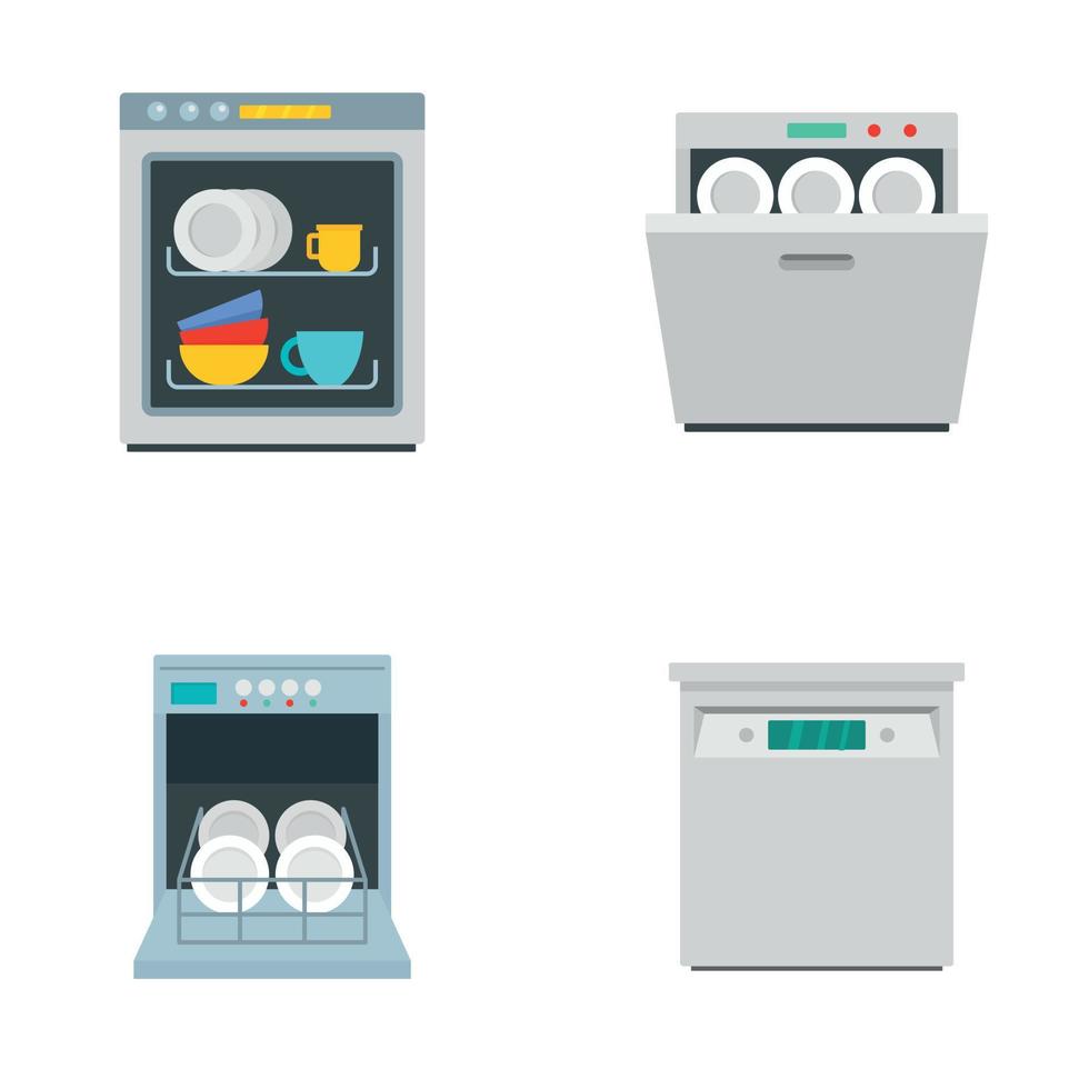 Dishwasher machine kitchen icons set flat style vector
