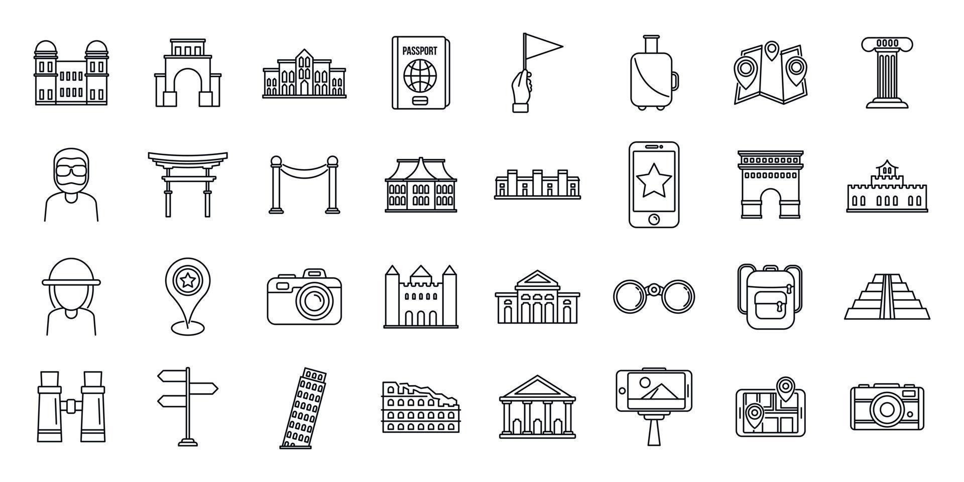 Sightseeing tourist icons set, outline style vector