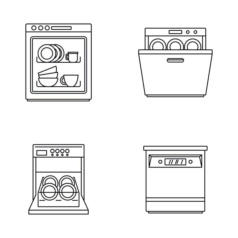 Los iconos de la cocina de la máquina lavavajillas establecen el estilo de esquema vector