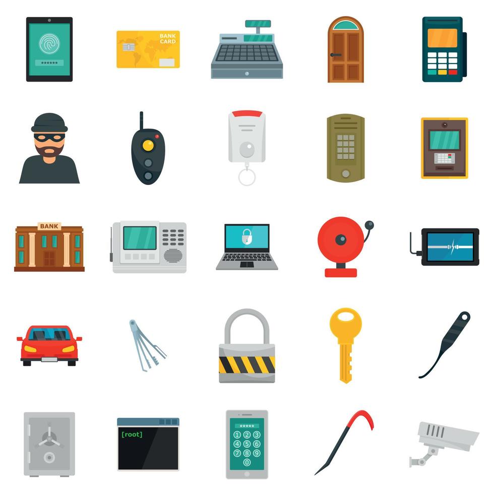 Burglar robber plunderer icons set, flat style vector