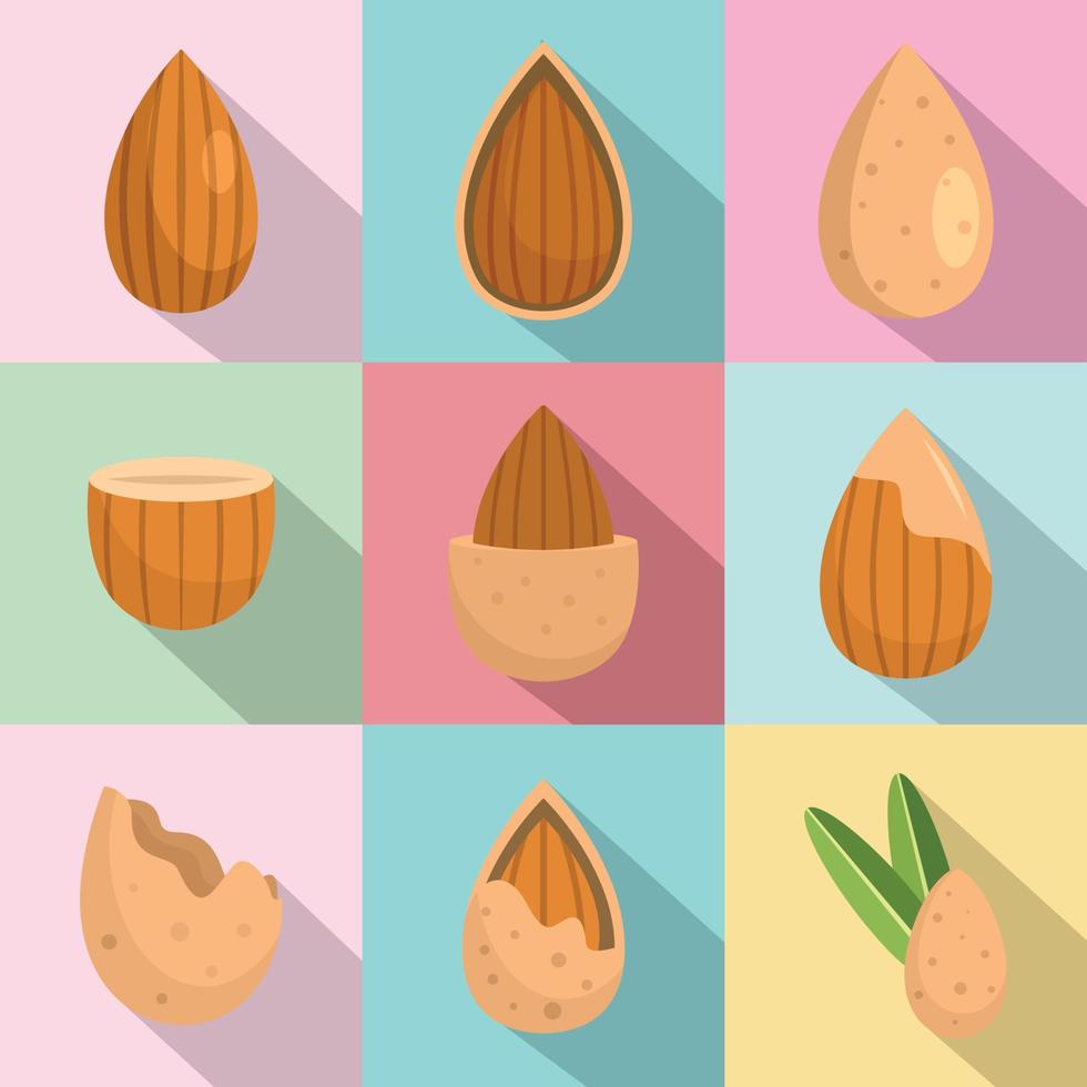 Almond walnut oil seed icons set flat style vector