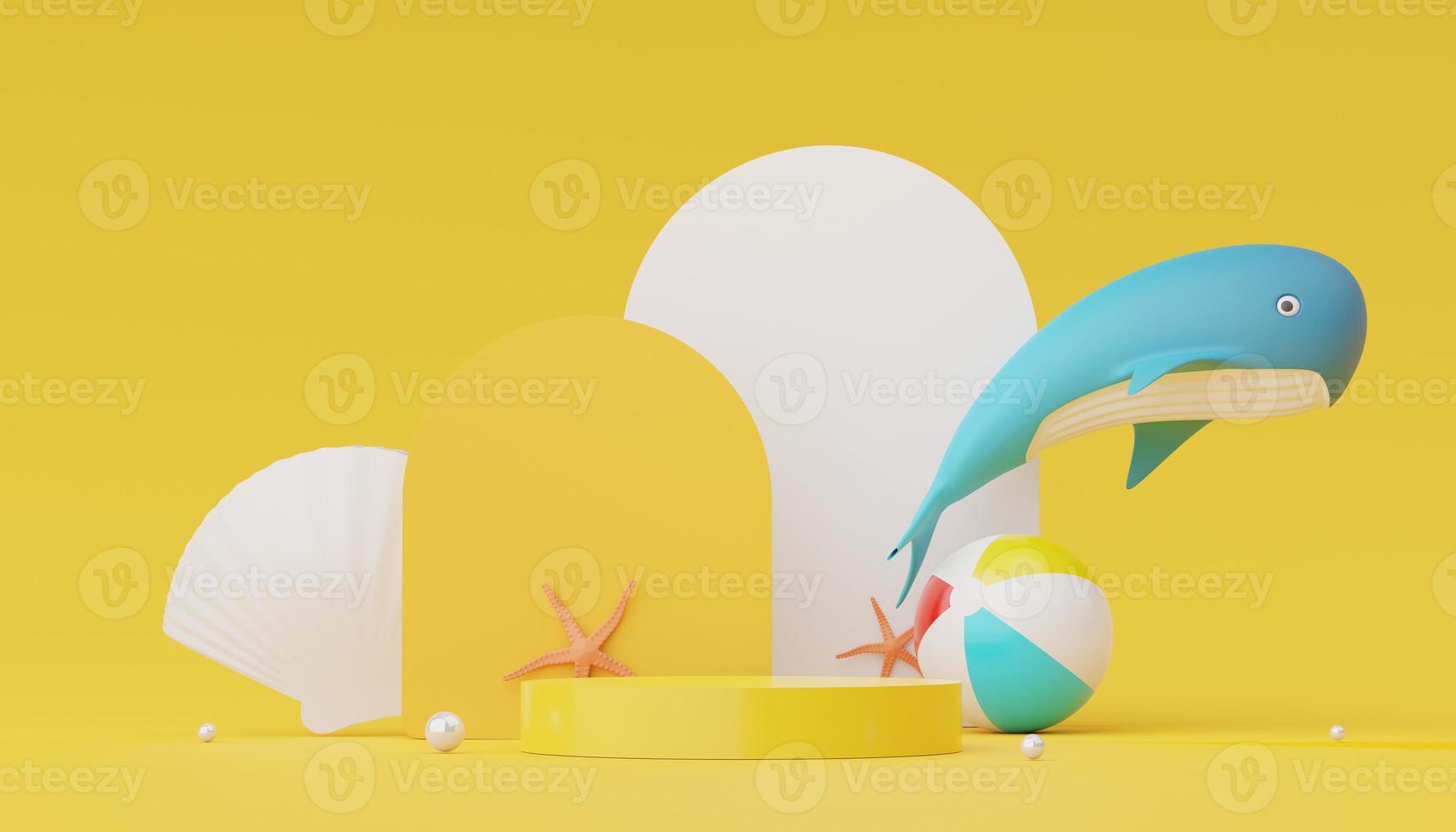 3d render of Abstract minimal  display podium for showing products or cosmetic presentation with summer beach scene. Summer time. photo