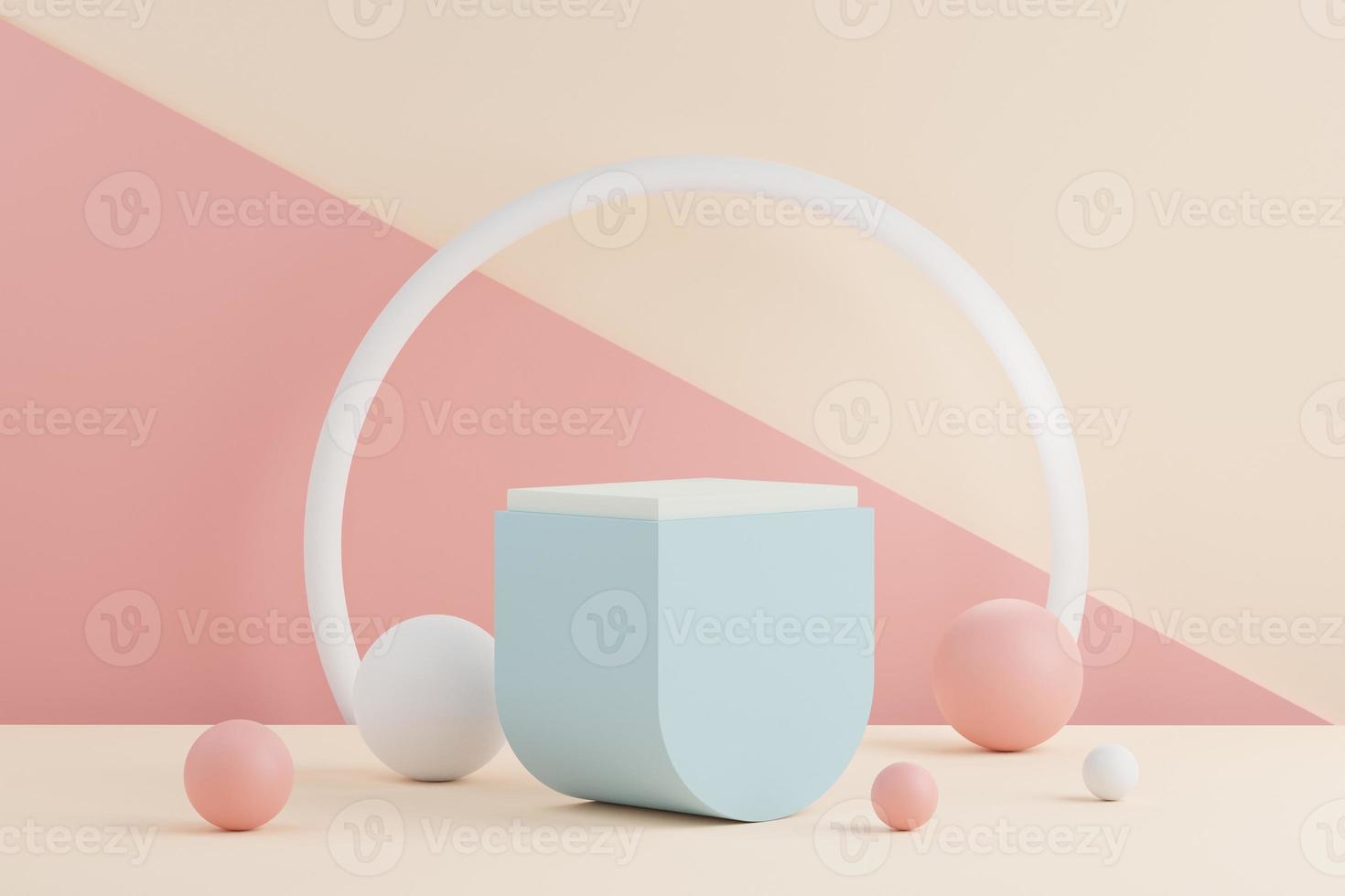 3d rendering of pastel minimal scene of white blank podium with earth tones theme. Muted saturated color. Simple geometric shapes design. photo