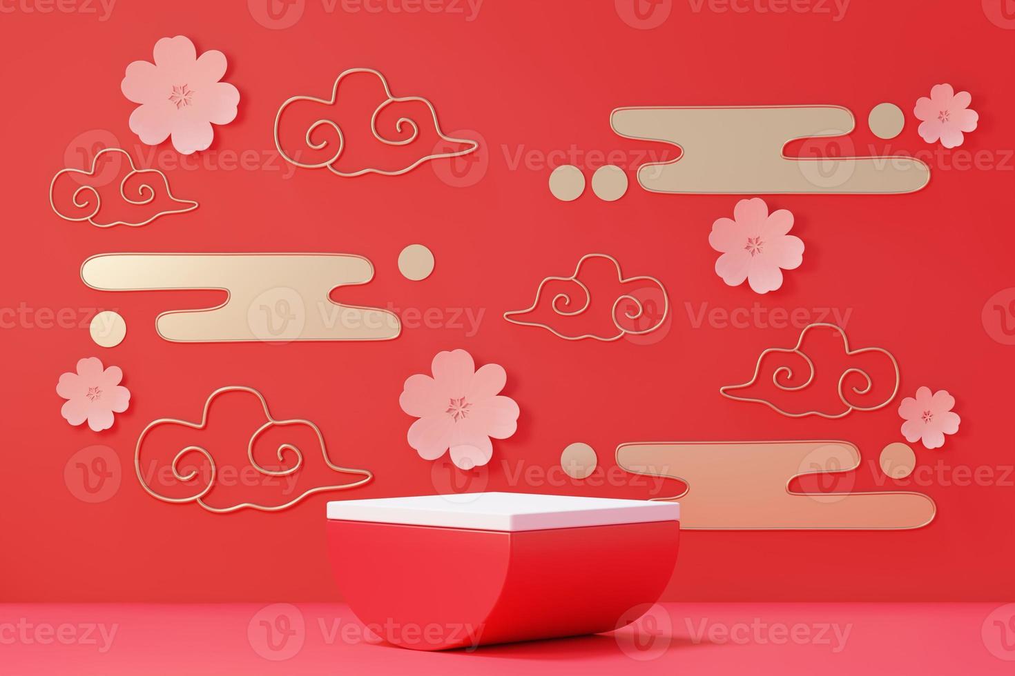 3d rendering of minimal scene of blank podium with Chinese lunar new year theme. Display stand for product presentation mock up. Chinese traditional texture. photo