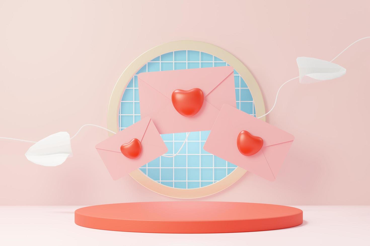 Representación 3D de escena dulce mínima con podio de visualización para maquetas y presentación de marca de producto. soporte de pedestal rosa para el tema del día de san valentín. lindo fondo de corazón encantador. estilo de diseño del día del amor. foto