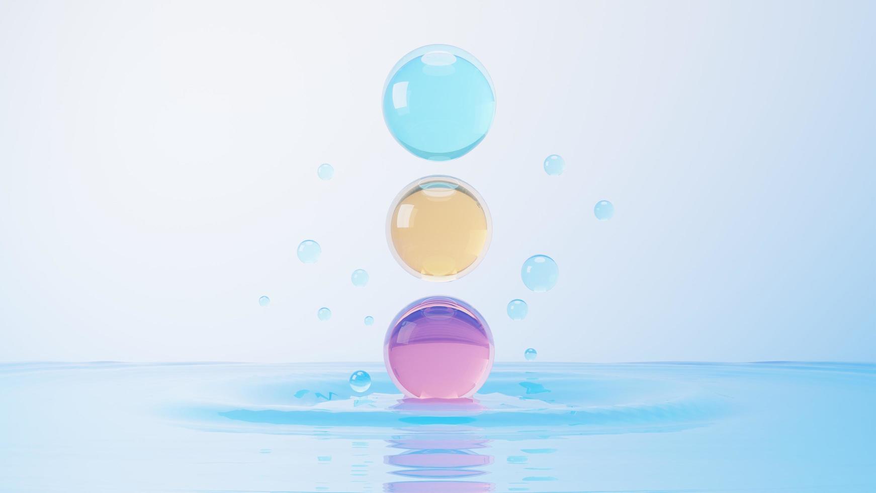 3d render of simple chemical bond in side cell or molecules. The associated of atoms, ions, bond and molecules. Liquid drop bubble background. Covalent bond. Biochemical interaction. photo