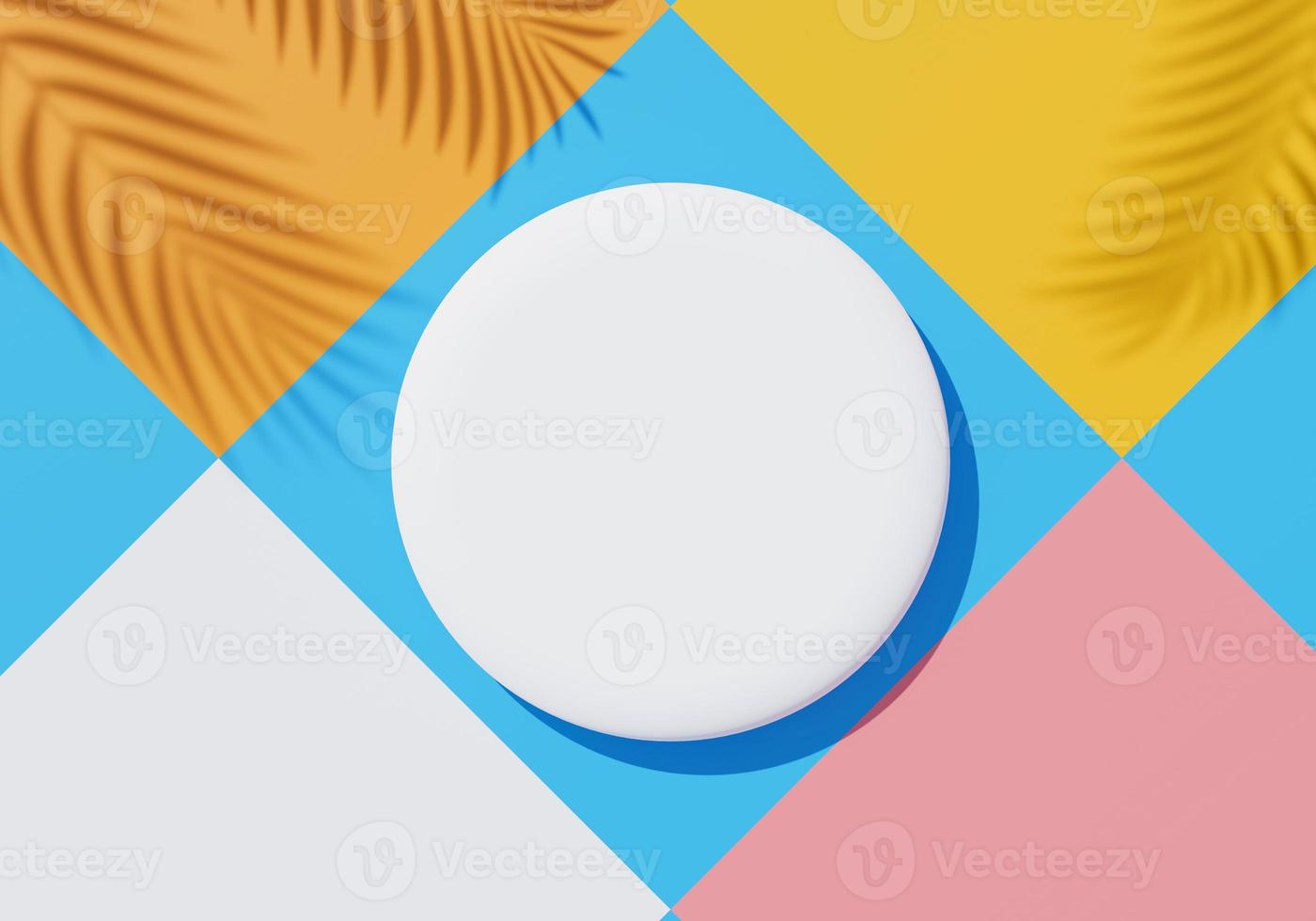 3d render top view of white blank cylinder frame for mock up and display products with shadows of palm leaves, earth tone, and pastel wall background. Creative idea concept. Widow shadow. photo