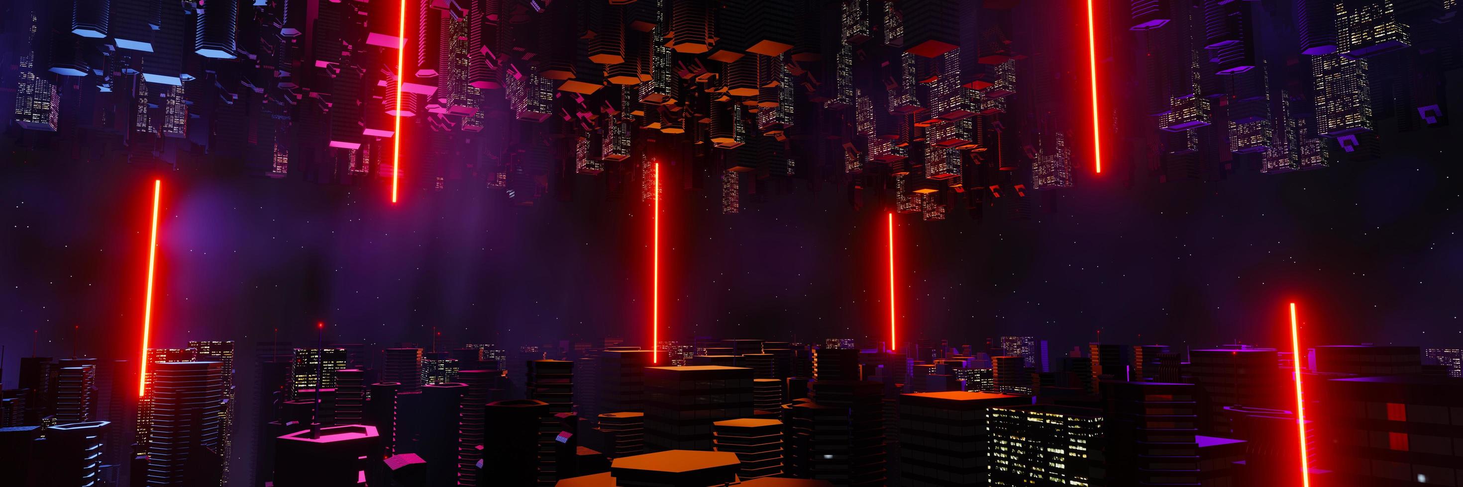 Representación 3D del concepto de paisaje de la ciudad de la noche cyber punk. luz que brilla intensamente en la escena oscura. la vida nocturna. red de tecnología para 5g. más allá de la generación y futurista de la ciudad capital de ciencia ficción y la escena de la construcción. foto