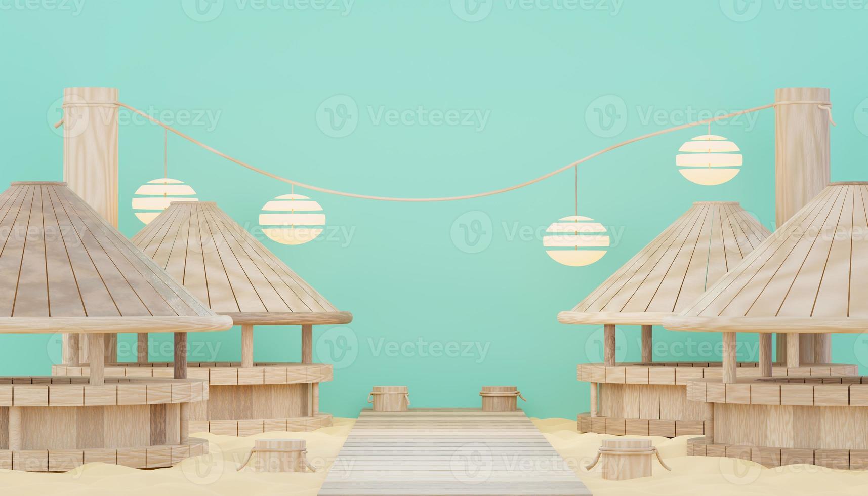3d render minimal podium background for show and sales products. Hello Summer season scene design concept. Abstract Vacant pedestal for presentation and advertising. Beach Vacations in Summer. photo