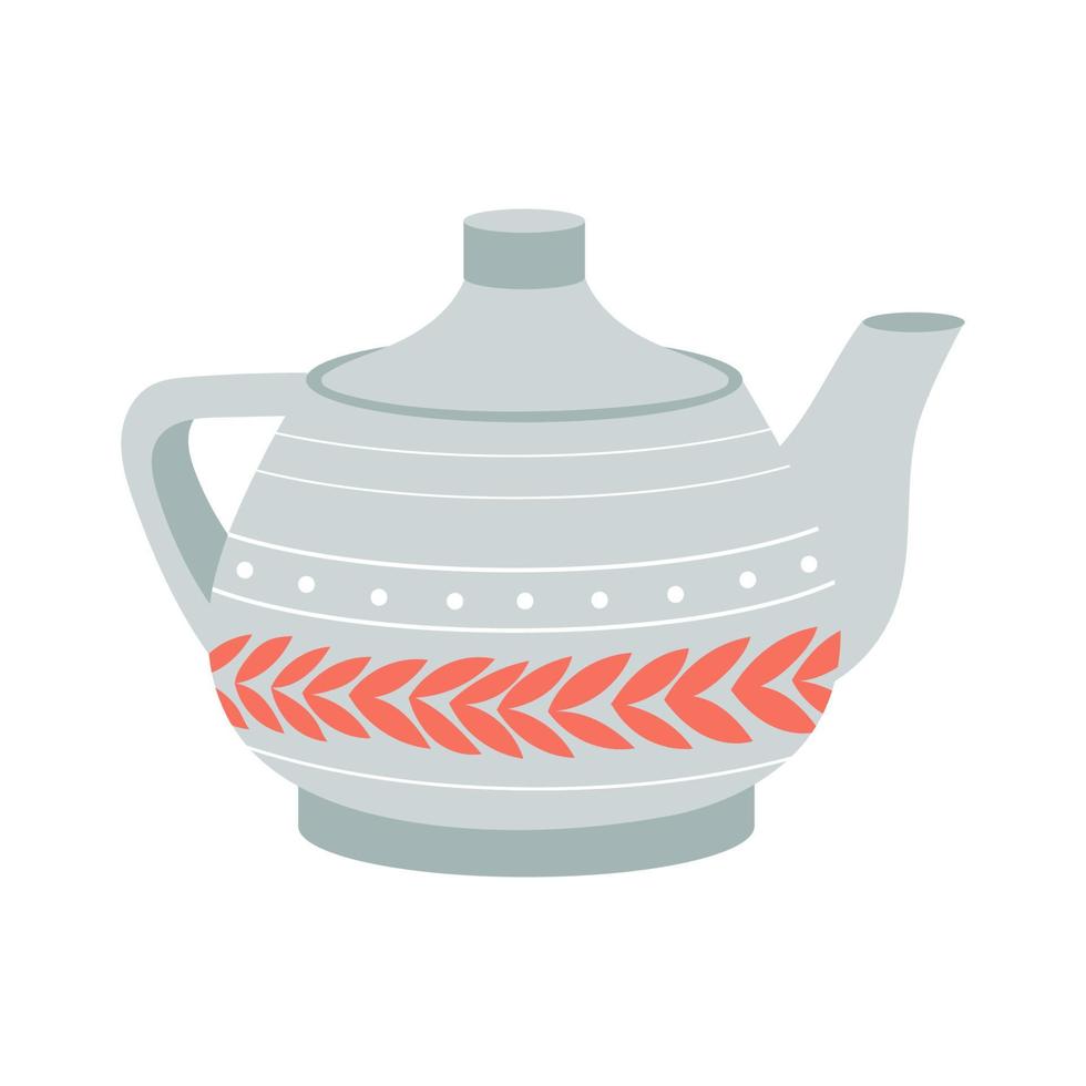 Vector ceramic teapot, jug, jar, tableware, kitchen utensils or crockery. Modern dish with floral decorative ornament
