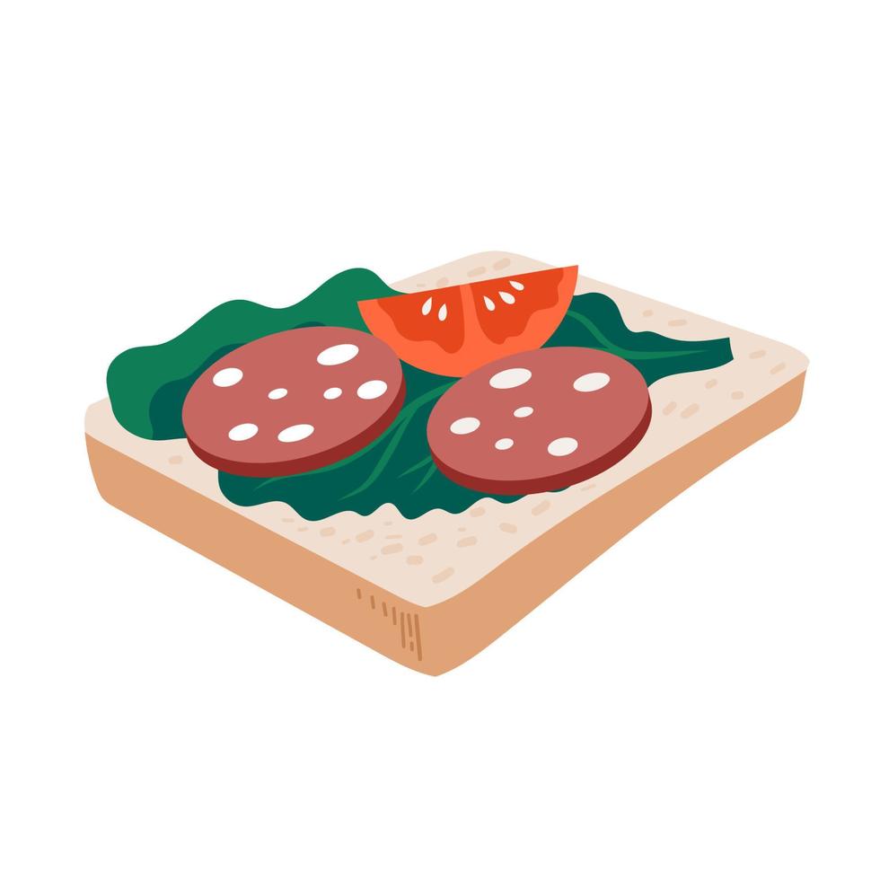 sándwich de dibujos animados con salami y tomate. pan tostado vector