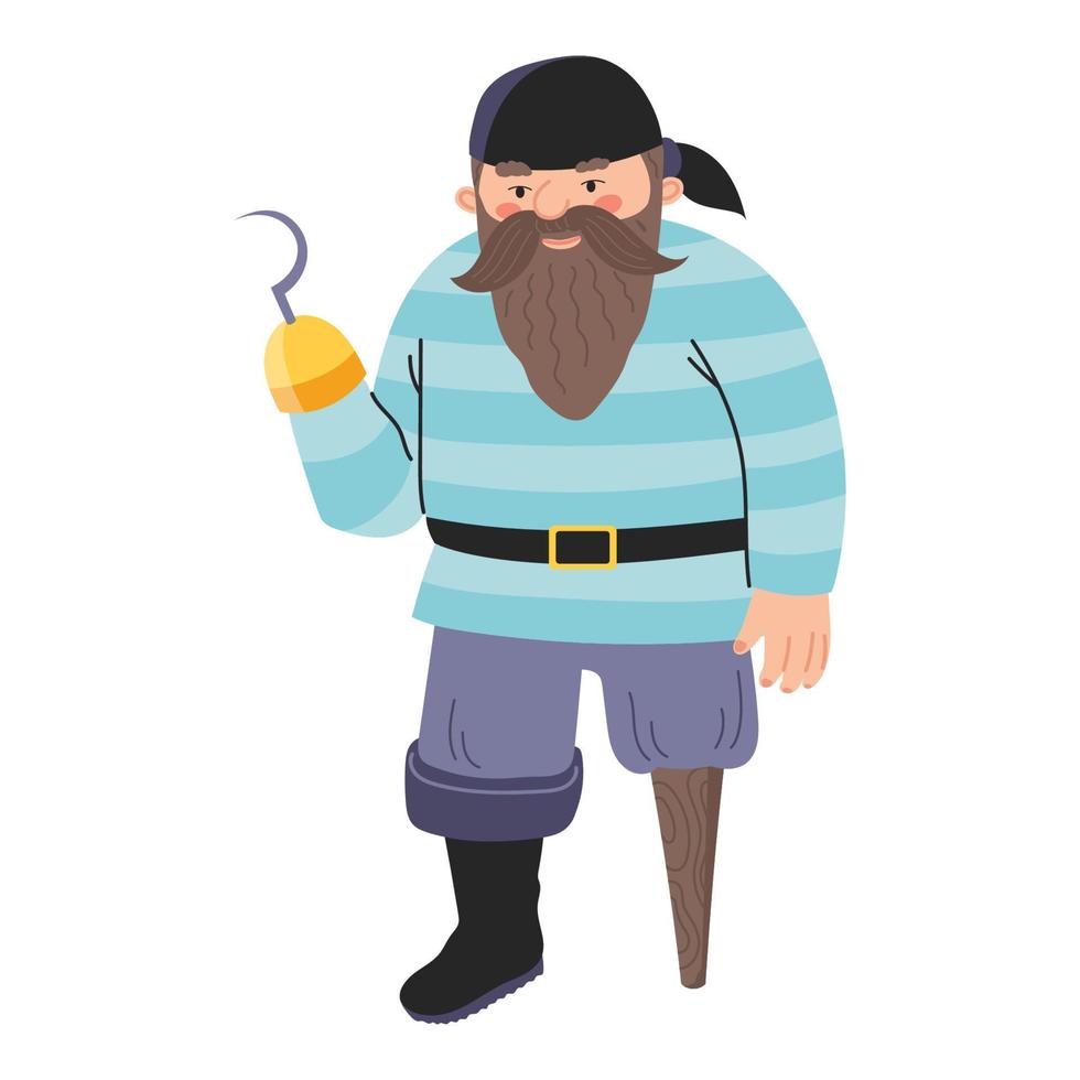 Vector cartoon one-legged pirate with hook. Flat style character