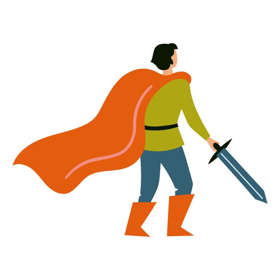Cartoon flat character knight in a cloak with a sword vector