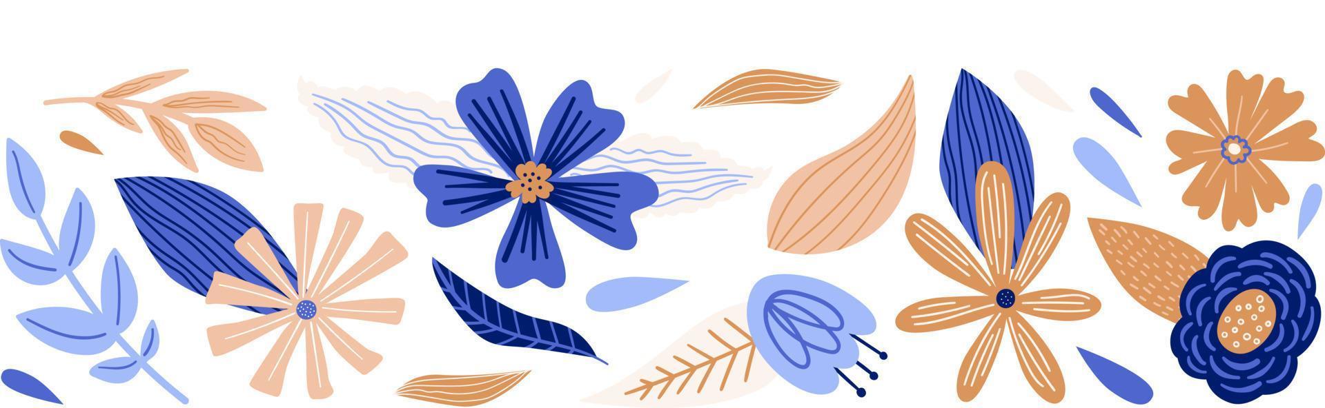 borde floral de dibujos animados con flores, hojas, plantas vector