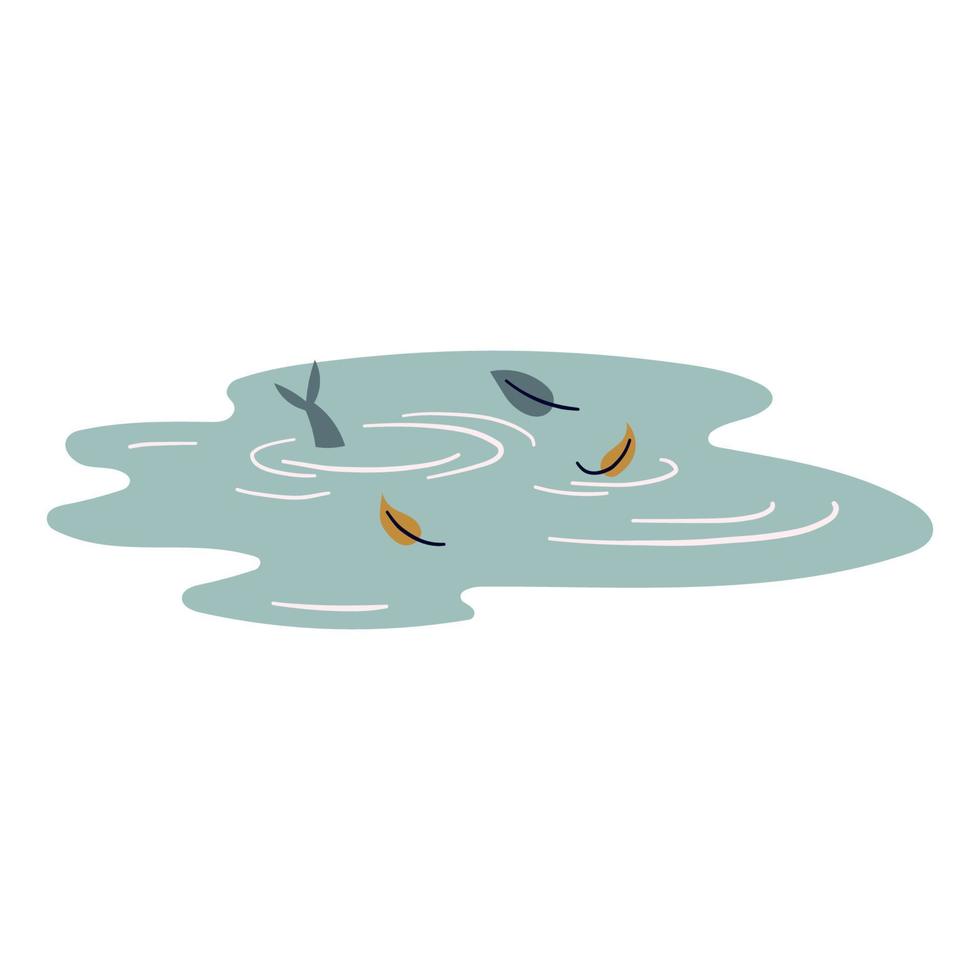 Vector element. Puddles of water, fish tail, ripple, leaves.