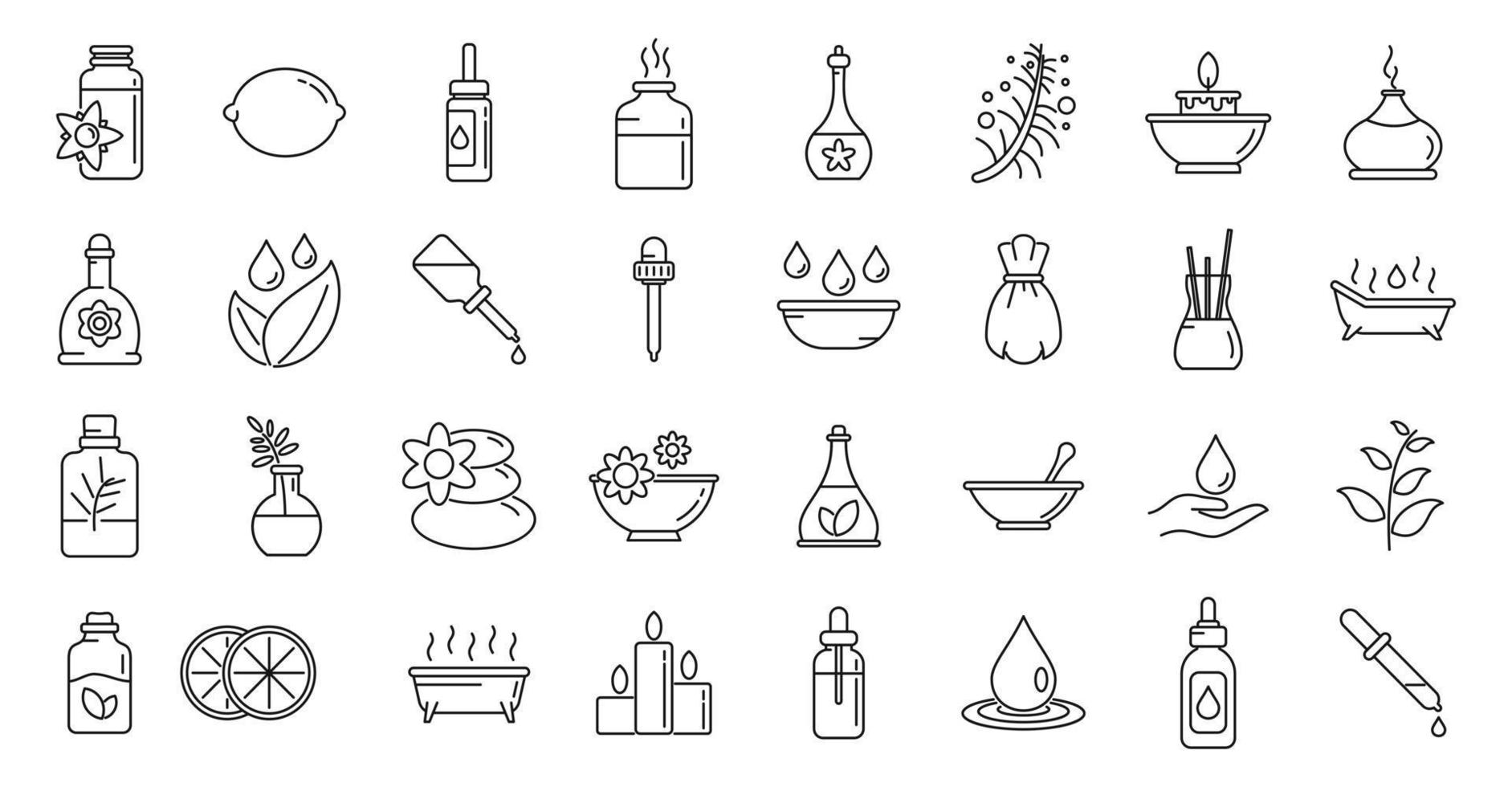 Essential oils perfume icons set, outline style vector