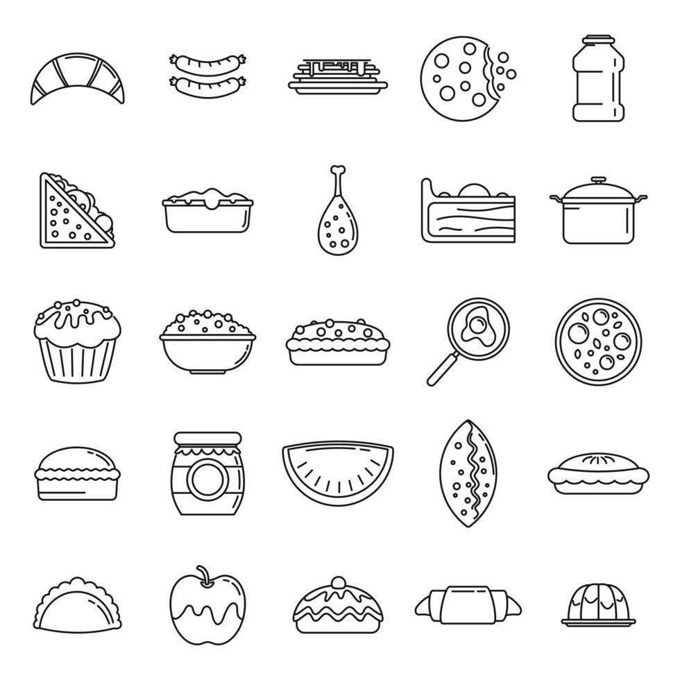 Tasty homemade food icons set, outline style vector