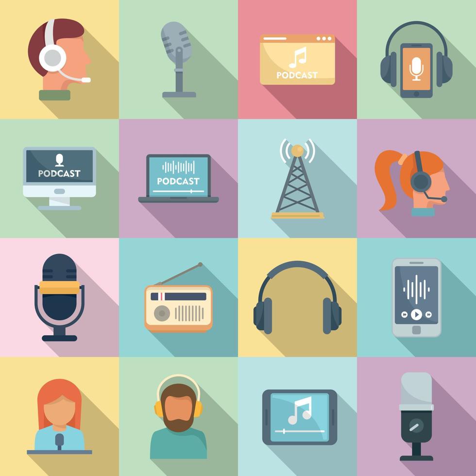 Podcast icons set, flat style vector