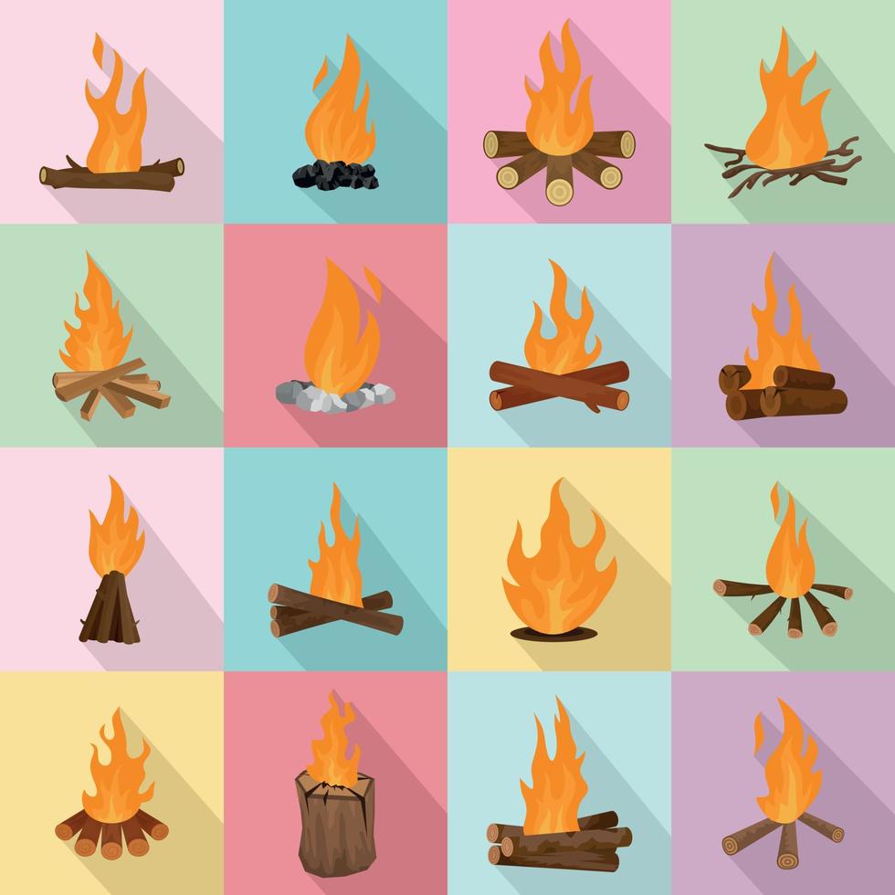 conjunto de iconos de fuego nocturno de hoguera, estilo plano vector