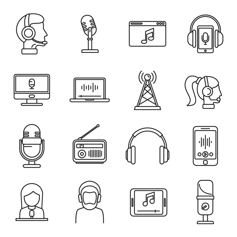 New podcast icons set, outline style vector