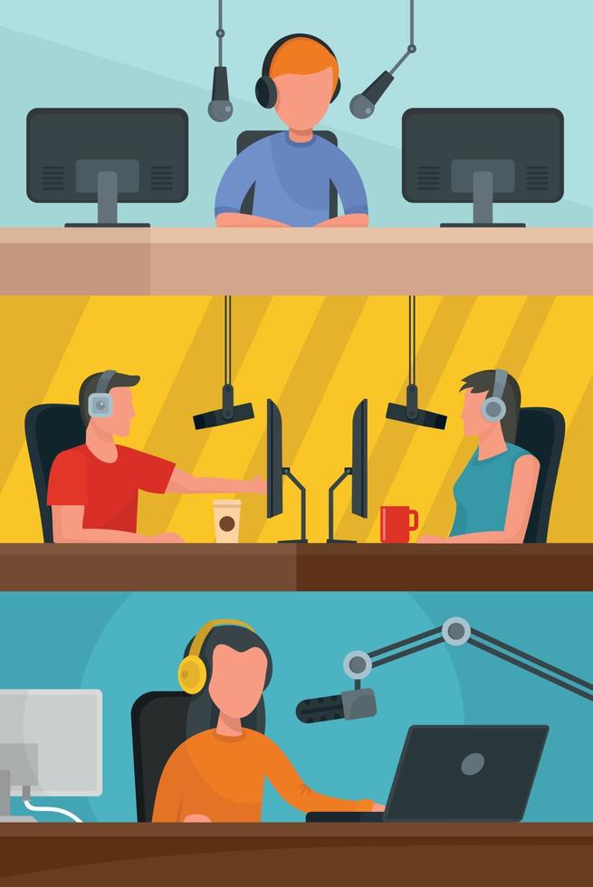 Radio station music banner concept set, flat style vector