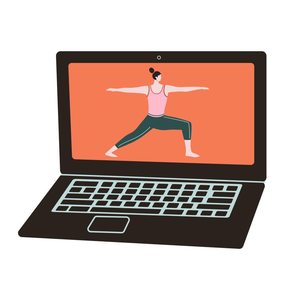 Yoga online lessons. Tutorial video on a laptop. Healthy lifestyle concept. Flat style vector