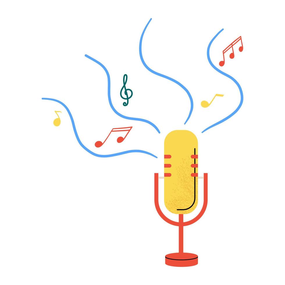 Musical microphone with notes. Music vector flat element