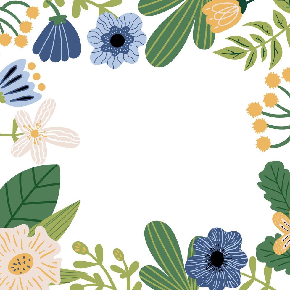 Cartoon floral frame with flowers, leaves, plants vector