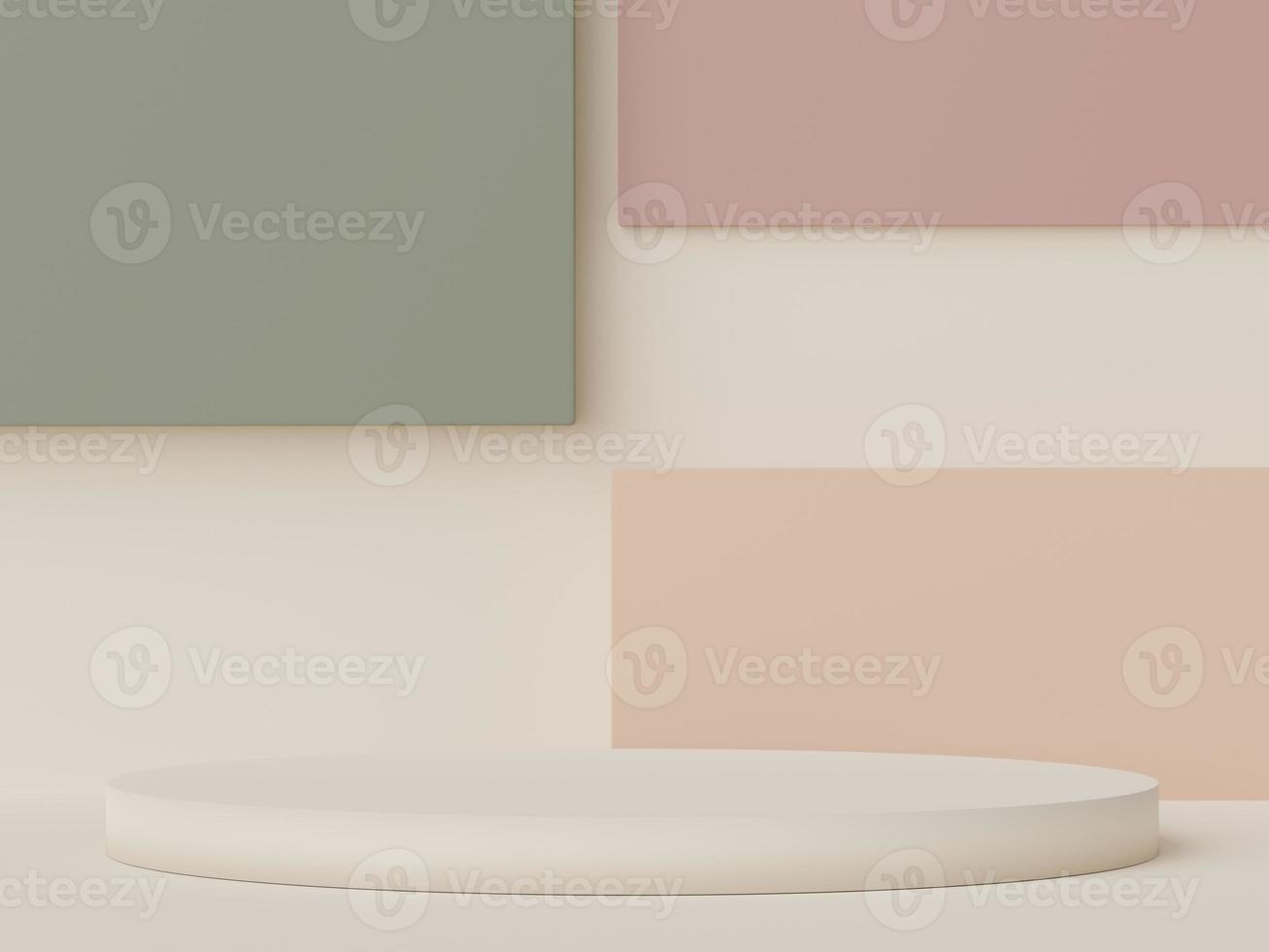 3d rendering of pastel minimal scene of white blank podium with earth tones theme. Muted saturated color. Simple geometric shapes design. photo