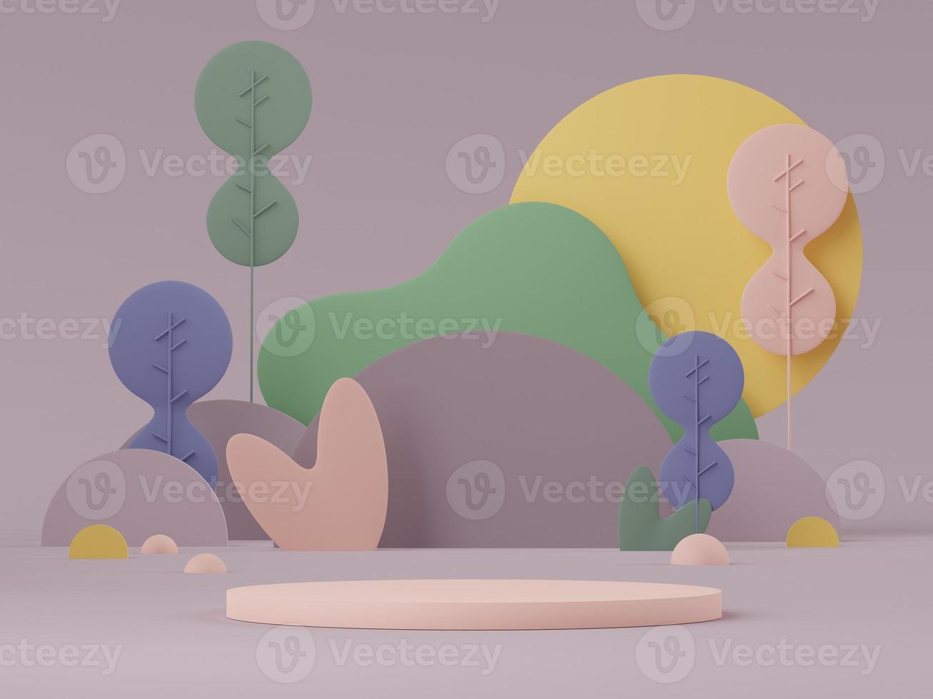 3d rendering of pastel minimal scene of white blank podium with earth tones theme. Muted saturated color. Simple geometric shapes design. photo
