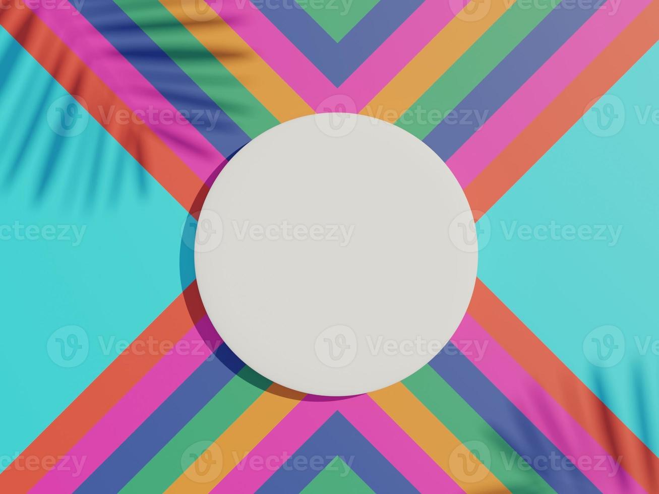 3d render top view of white blank cylinder frame for mock up and display products with shadows of palm leaves and earth tone background. photo