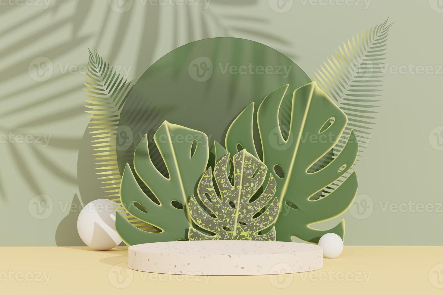 3d render of abstract pedestal podium display with terrazzo and shadow of leaves. Scene for present product promotion and beauty cosmetics. photo