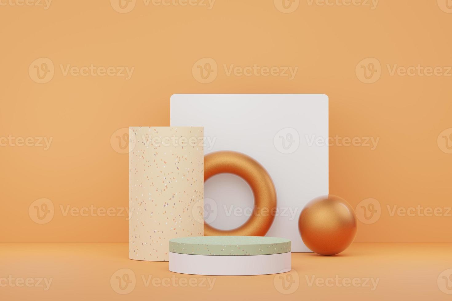 3d render of abstract pedestal podium display with terrazzo chips floor design. Scene for present product promotion and beauty cosmetics. photo