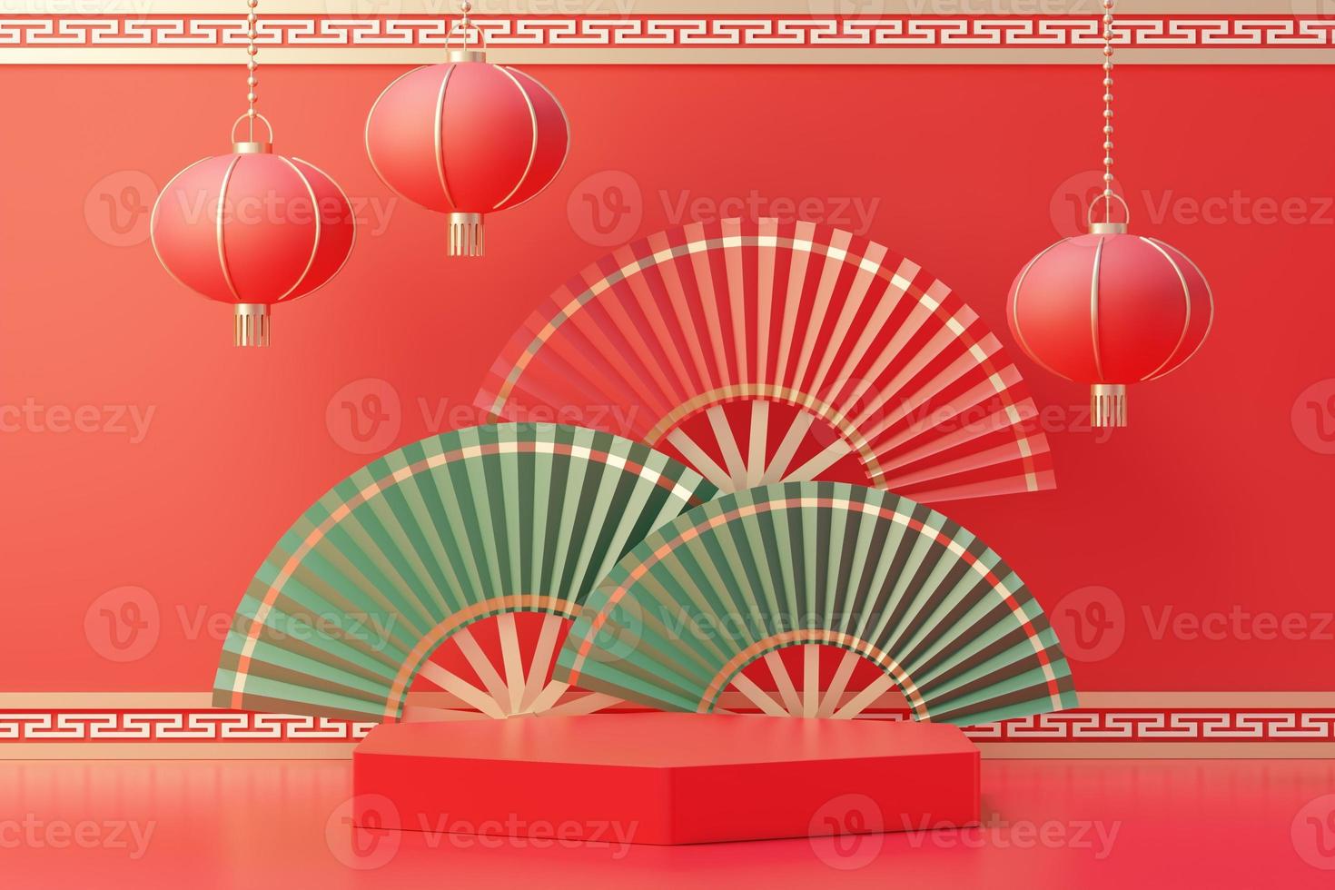 3d rendering of minimal scene of blank podium with Chinese lunar new year theme. Display stand for product presentation mock up. Chinese traditional texture. photo