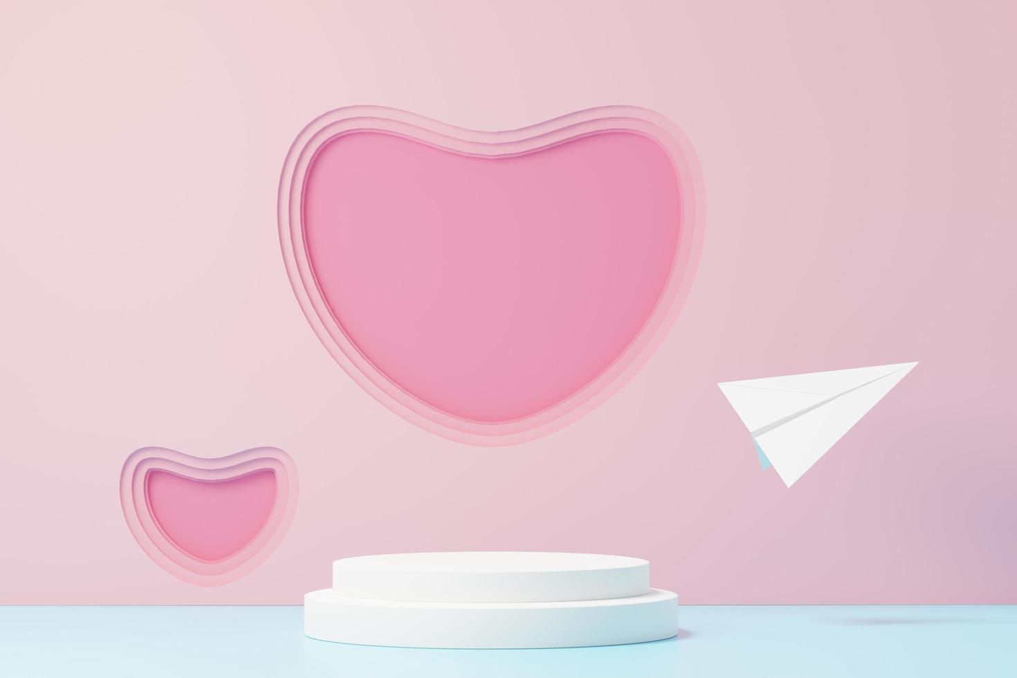 Representación 3D de escena dulce mínima con podio de visualización para maquetas y presentación de marca de producto. soporte de pedestal rosa para el tema del día de san valentín. lindo fondo de corazón encantador. estilo de diseño del día del amor. foto